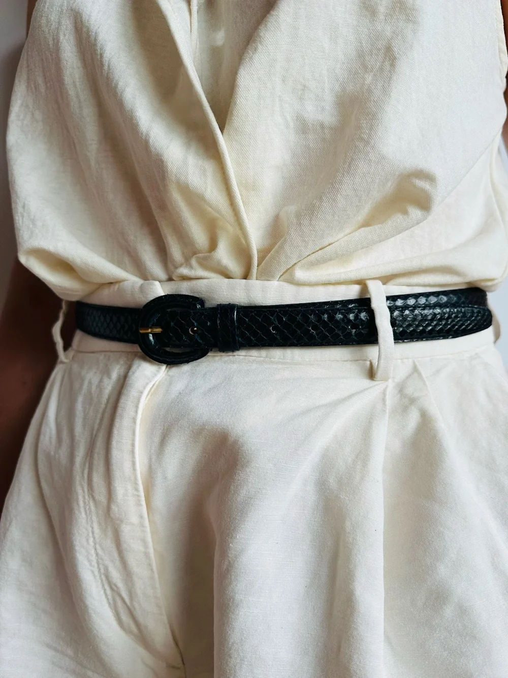 Vintage Genuine Blue Snakeskin Belt Gold Buckle Exotic Leather Size Large Boho